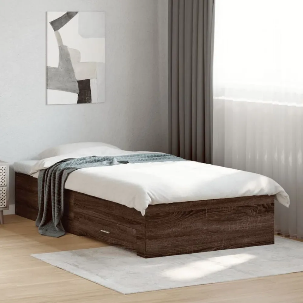 vidaXL Cama con cajones madera de ingeniería marrón roble 100x200 cm Marrón roble Discount