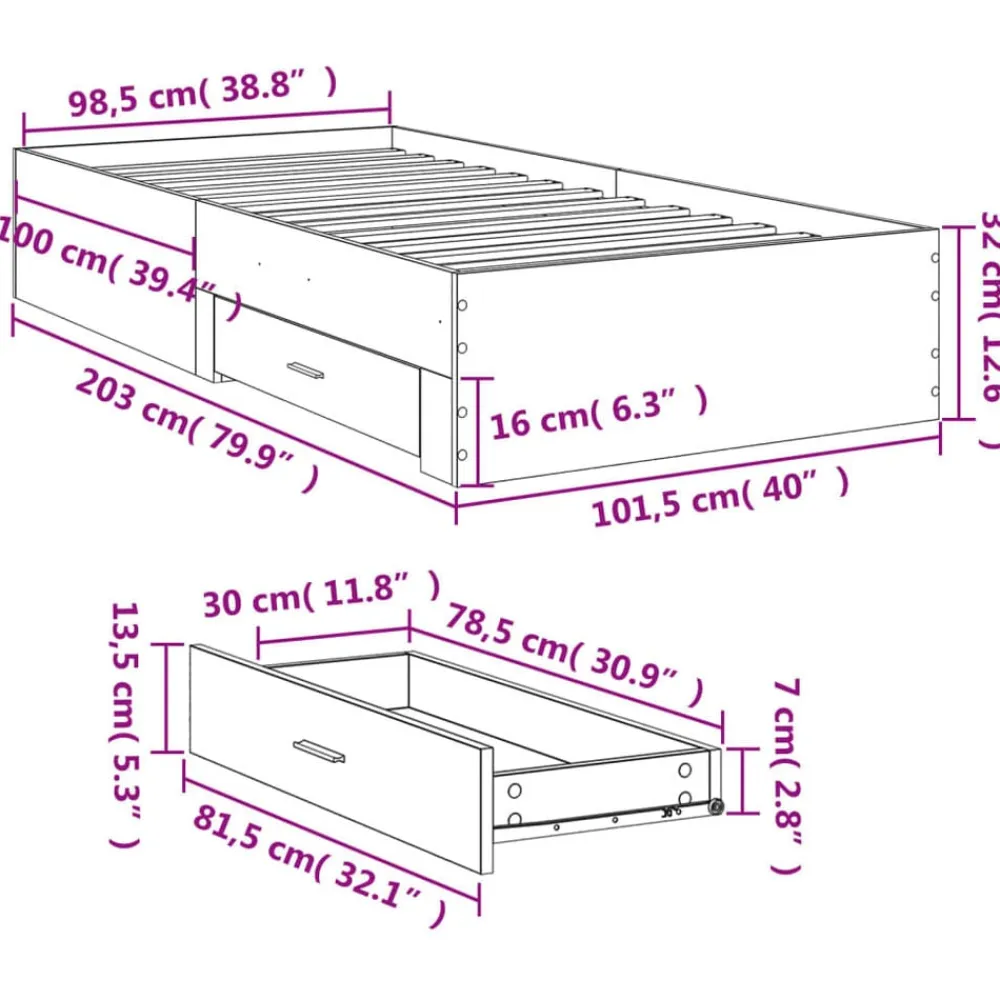 vidaXL Cama con cajones madera de ingeniería marrón roble 100x200 cm Marrón roble Discount