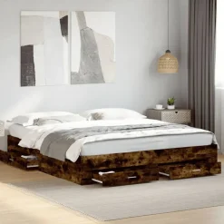 vidaXL Cama con cajones madera de ingeniería 200x200 cm Roble ahumado Sale