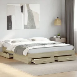 vidaXL Cama con cajones madera ingeniería 200x200 cm Roble Sonoma Clearance
