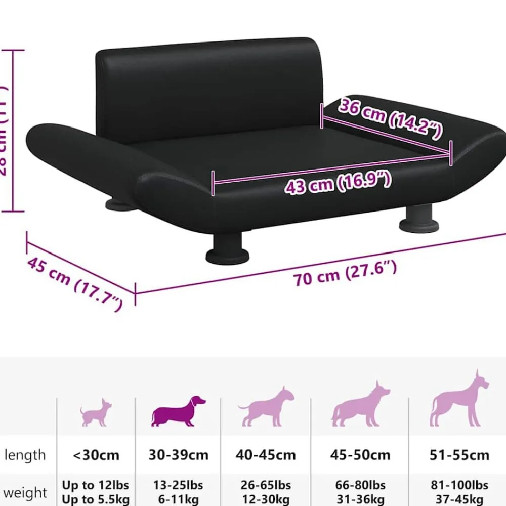 vidaXL Productos Para Mascotas-Cama para perros de cuero sintético negra 70x45x28 cm