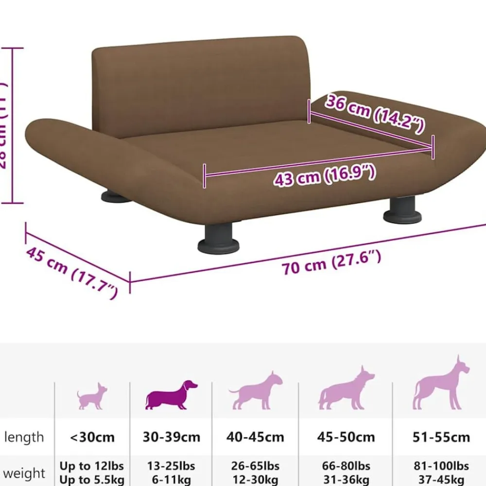 vidaXL Cama para perros de tela marrón 70x45x28 cm Marrón Clearance