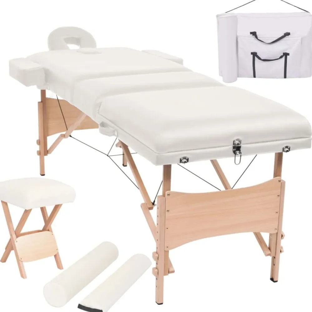 vidaXL Camilla de masaje y taburete plegable 3 zonas 10 cm Blanco Discount