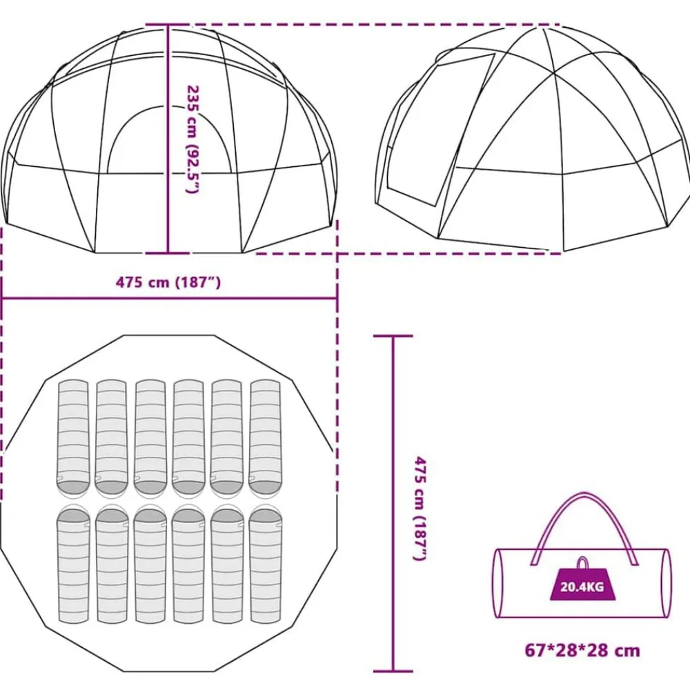 vidaXL Actividades Al Aire Libre-Carpa de cúpula con techo 475 x 475 x 235 cm tafetán