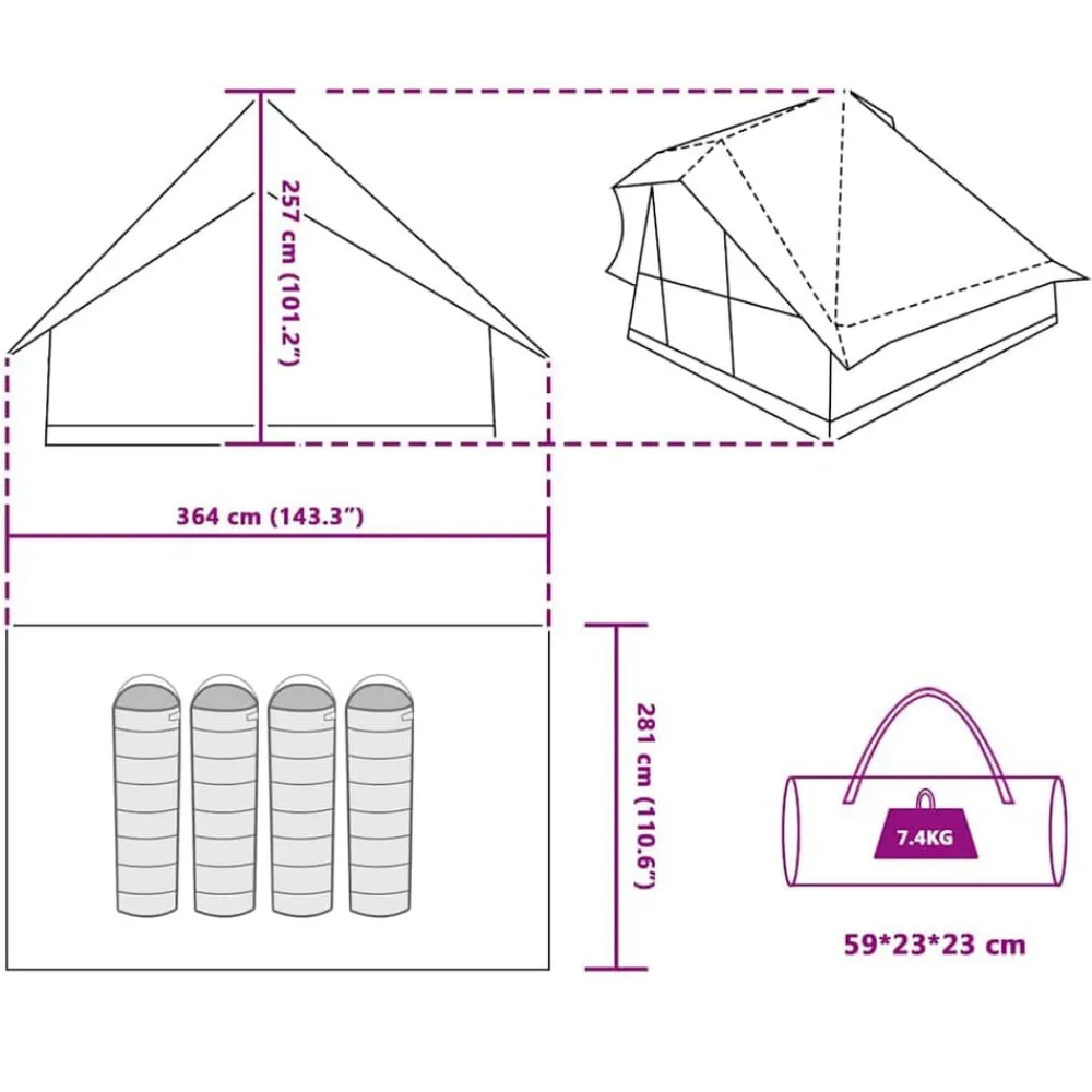 vidaXL Actividades Al Aire Libre-Carpa Tipi con techo 364 x 281 x 257 cm tafetán