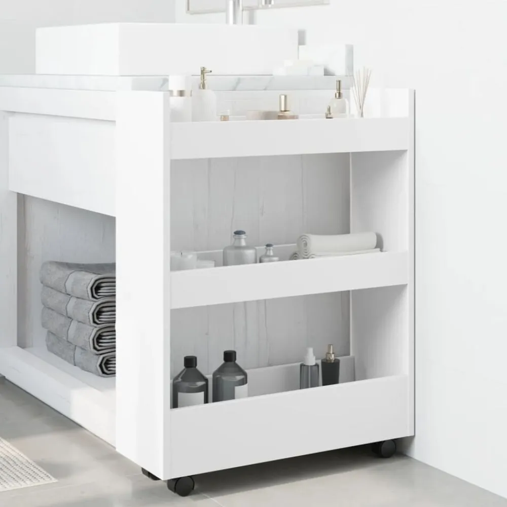 vidaXL Carrito de almacenaje estrecho de 3 niveles de madera de ingeniería blanca Blanco Outlet