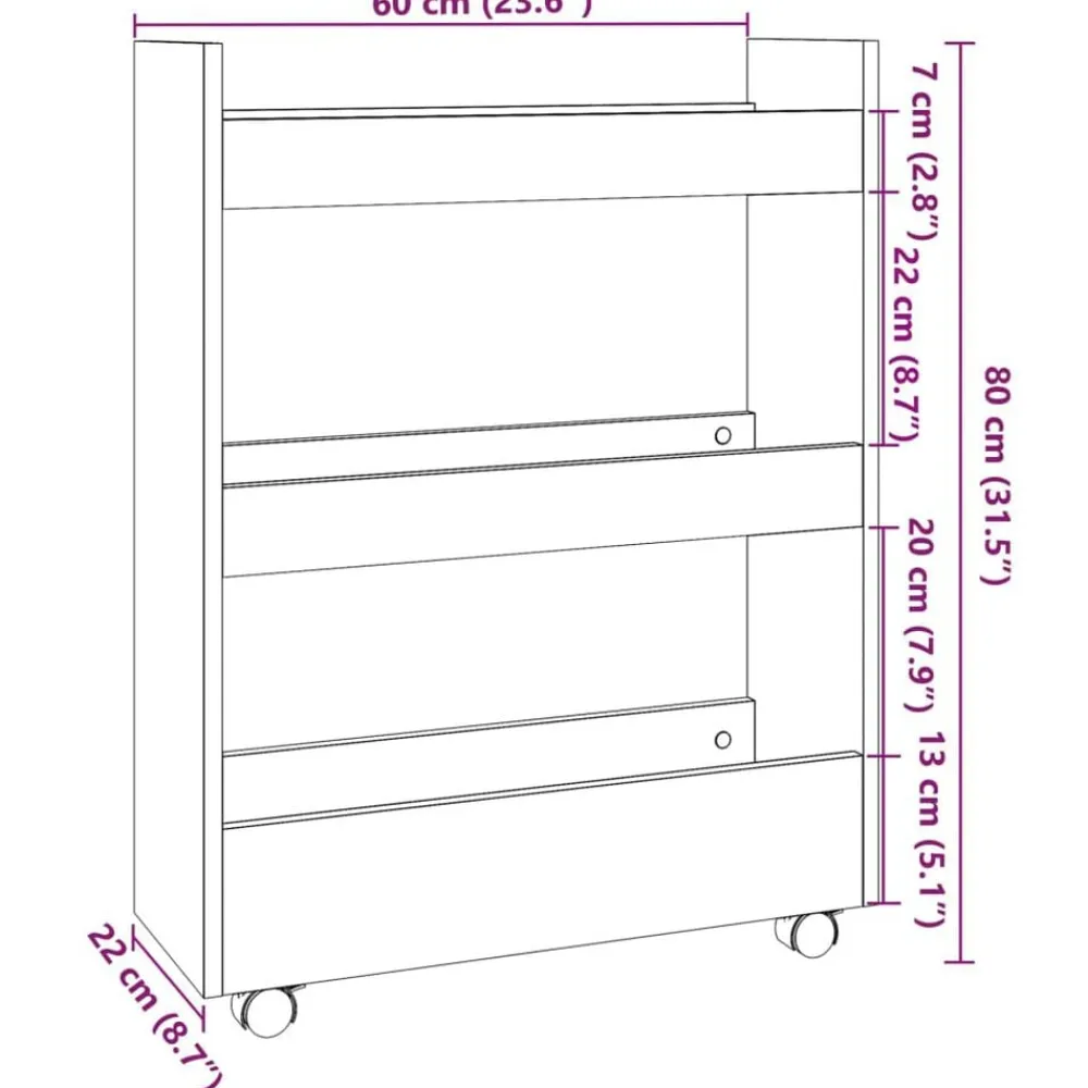 vidaXL Carrito de almacenaje estrecho de 3 niveles de madera de ingeniería blanca Blanco Outlet