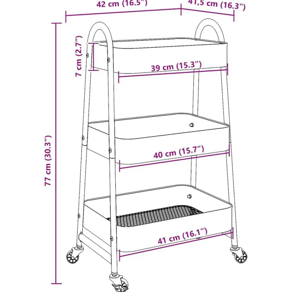 vidaXL Carrito de almacenaje 3 niveles 42x41,5x77 cm acero Rosa