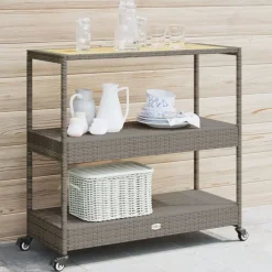 vidaXL Carros E Islas-Carrito de bar 3 niveles ratán PE y madera maciza acacia gris