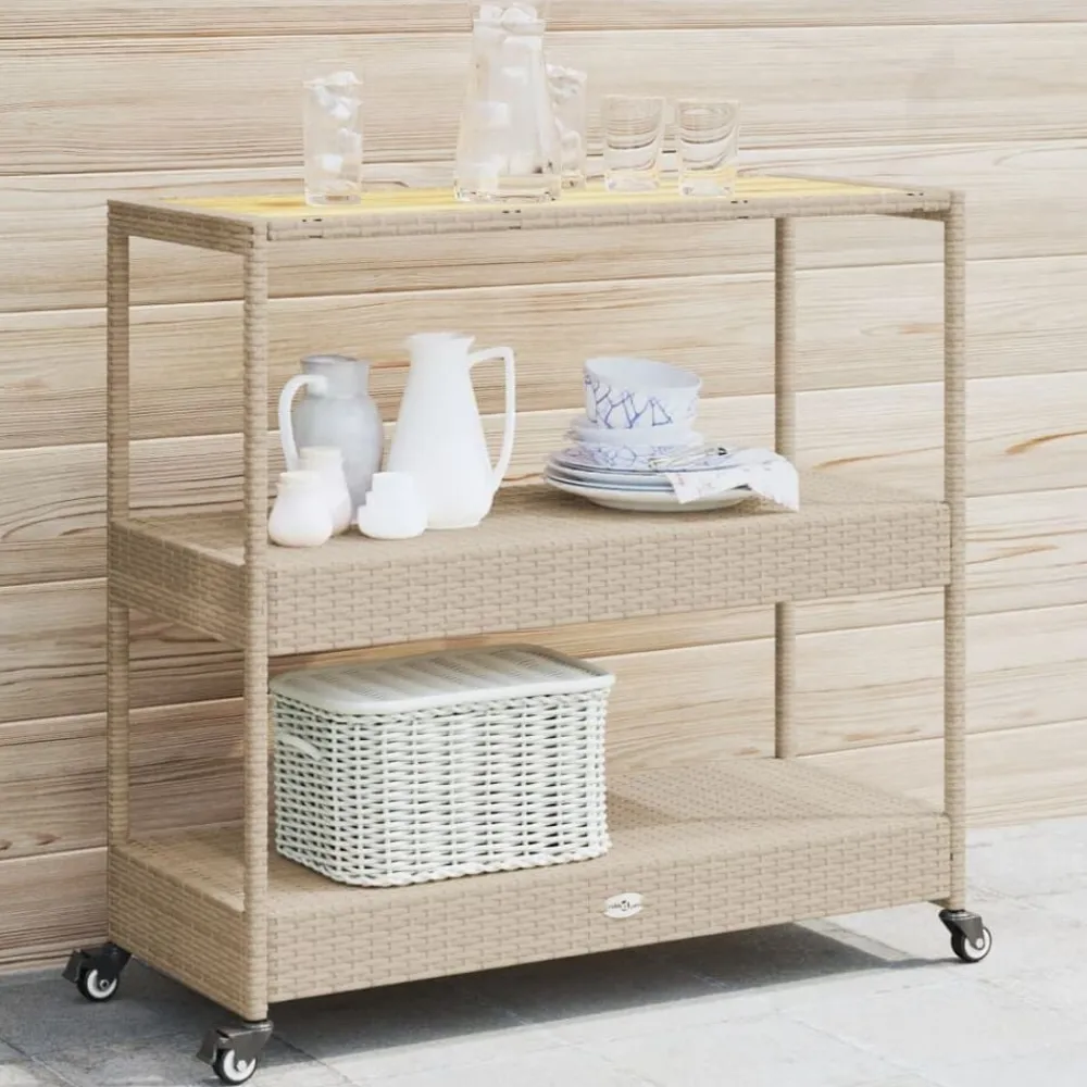 vidaXL Carrito de bar 3 niveles ratán PE y madera maciza acacia beige Beige y marrón Best
