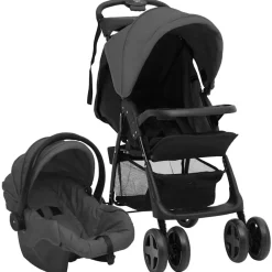Niños vidaXL Transporte De Bebés-Carrito de bebés 3 en 1 de acero y negro