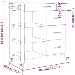 vidaXL Carros E Islas-Carrito de cocina MONZA madera maciza de pino 84x40x88,5 cm