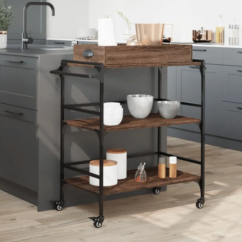 vidaXL Carros E Islas-Carrito de cocina madera ingeniería marrón roble 81,5x41x92,5cm