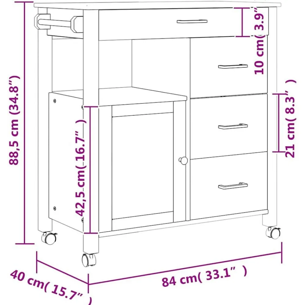 vidaXL Carrito de cocina MONZA madera maciza de pino 84x40x88,5 cm Gris Outlet
