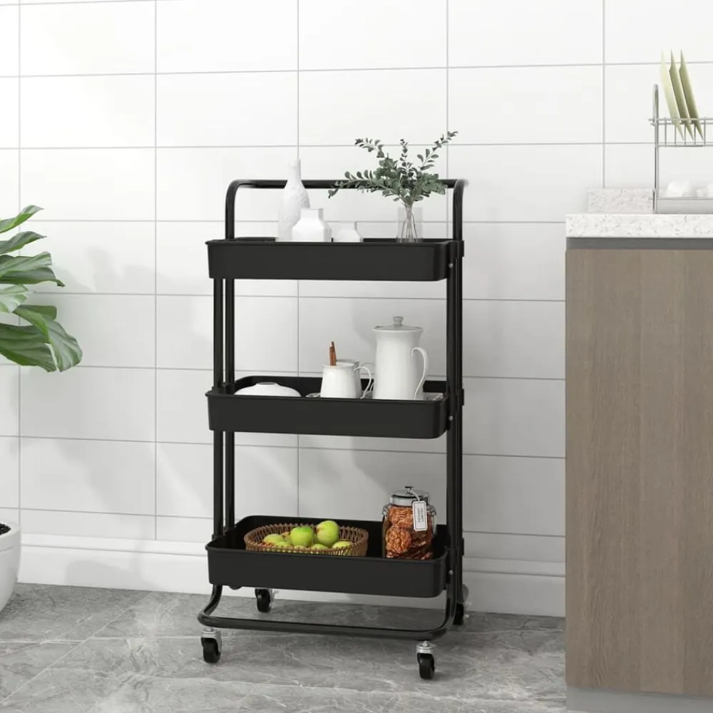 vidaXL Carrito de cocina 3 niveles hierro y ABS 42x35x85 cm Negro