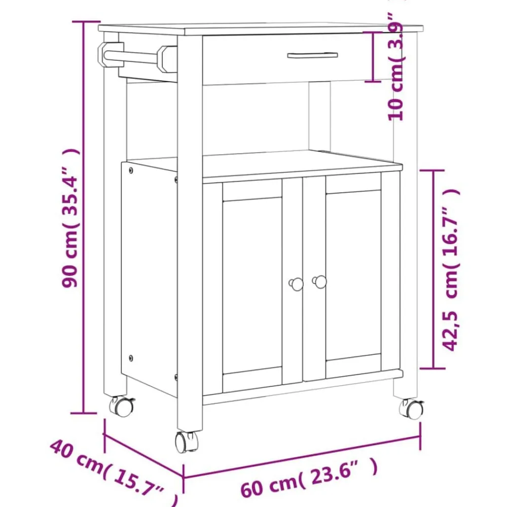 vidaXL Carrito de cocina MONZA madera maciza de pino 60x40x88,5 cm Marrón New