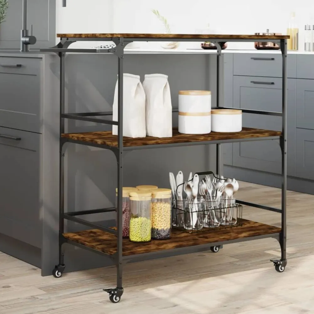 vidaXL Carros E Islas-Carrito de cocina madera ingeniería roble humo 100,5x50x105 cm