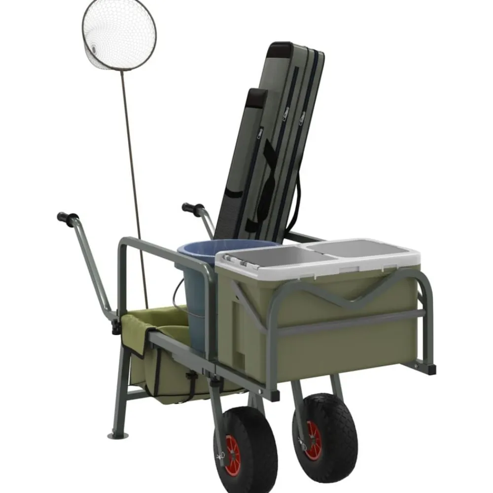 vidaXL Actividades Al Aire Libre-Carrito de pesca 2 ruedas acero recubrimiento en polvo verde