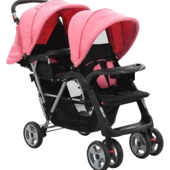 Niños vidaXL Transporte De Bebés-Carrito para 2 niños tandem de acero y negro