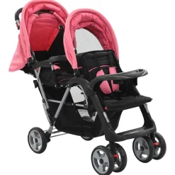 Niños vidaXL Transporte De Bebés-Carrito para 2 niños tandem de acero y negro