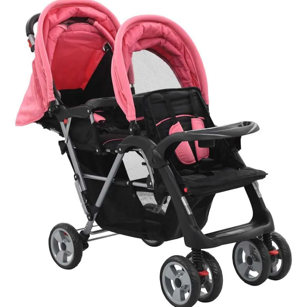 Niños vidaXL Transporte De Bebés-Carrito para 2 niños tandem de acero y negro