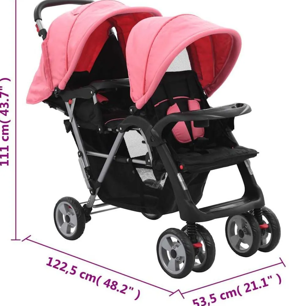 Niños vidaXL Transporte De Bebés-Carrito para 2 niños tandem de acero y negro