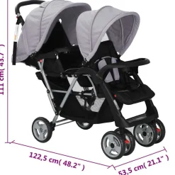 vidaXL Carrito para 2 niños tandem de acero y negro Gris Best