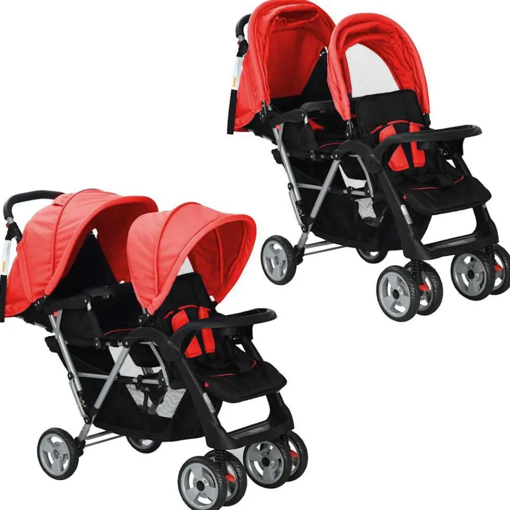 Niños vidaXL Transporte De Bebés-Carrito para 2 niños tandem de acero y negro