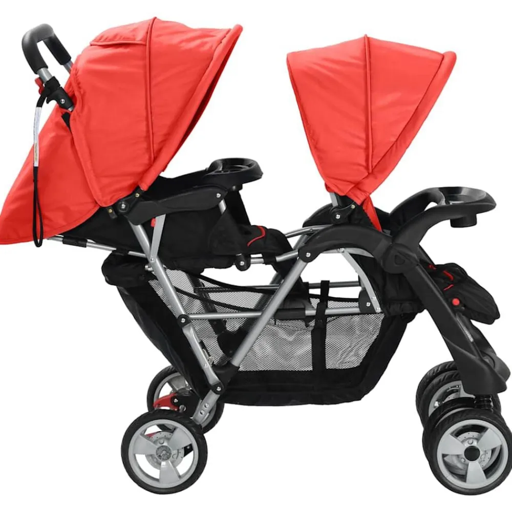 Niños vidaXL Transporte De Bebés-Carrito para 2 niños tandem de acero y negro