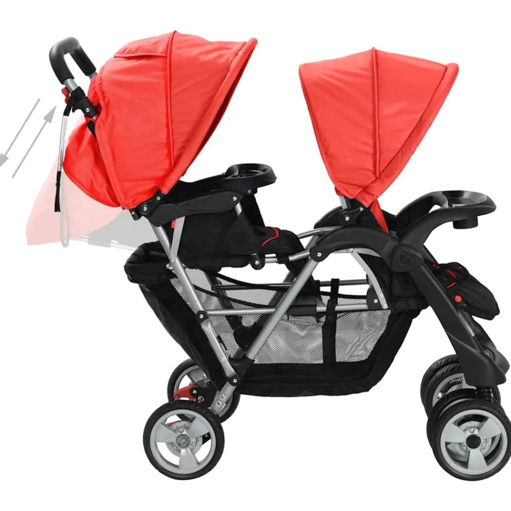 Niños vidaXL Transporte De Bebés-Carrito para 2 niños tandem de acero y negro