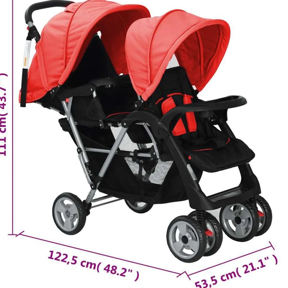 Niños vidaXL Transporte De Bebés-Carrito para 2 niños tandem de acero y negro