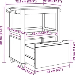 vidaXL Carro de Cocina FLORO Marrón cera 72,5 x 45 x 80 cm Marrón cera Clearance