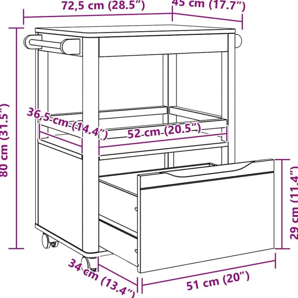 vidaXL Carro de Cocina FLORO Marrón cera 72,5 x 45 x 80 cm Marrón cera Clearance