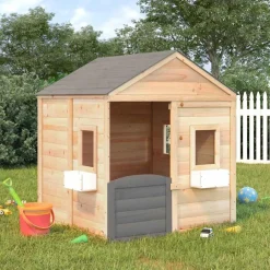 vidaXL Estructuras Para Juegos Al Aire Libre-Casa de juegos con puerta con cierre y macetas madera abeto