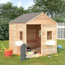 vidaXL Estructuras Para Juegos Al Aire Libre-Casa de juegos con puerta con cierre y macetas madera abeto