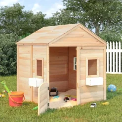 vidaXL Casa de juegos con puerta con cierre y macetas madera abeto Marr&oacute;n Discount