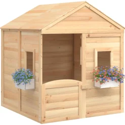 vidaXL Casa de juegos con puerta con cierre y macetas madera abeto Marr&oacute;n Discount