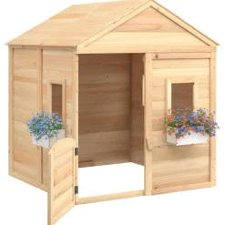 vidaXL Casa de juegos con puerta con cierre y macetas madera abeto Marr&oacute;n Discount