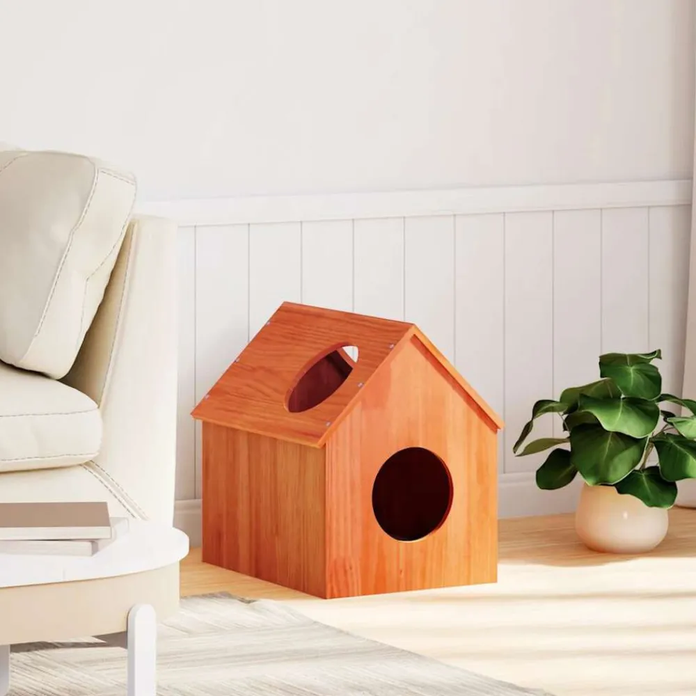 vidaXL Productos Para Mascotas-Casa para gatos cera marrón 41x50x50 cm madera maciza pino
