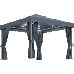 vidaXL Jardín-Cenador con cortina y tira de luces aluminio 3x3 m