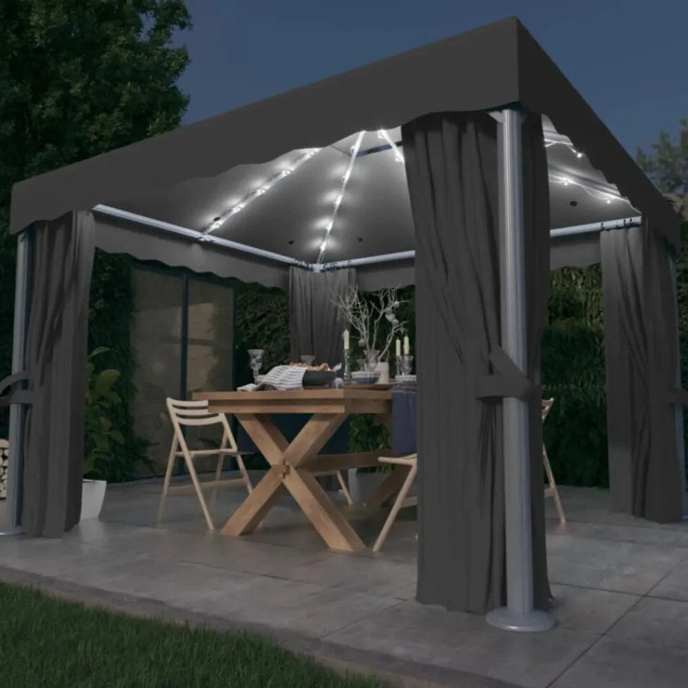 vidaXL Jardín-Cenador con cortina y tira de luces aluminio 3x3 m