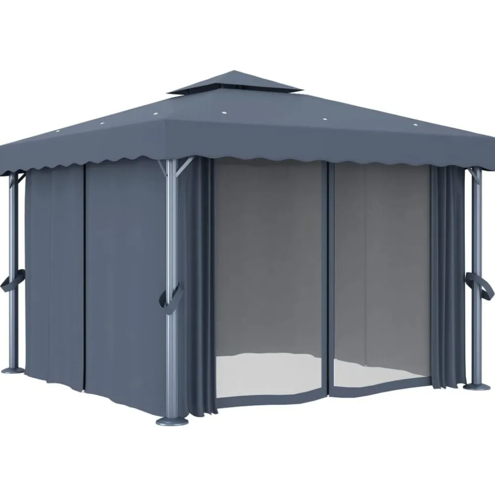 vidaXL Jardín-Cenador con cortina y tira de luces aluminio 3x3 m