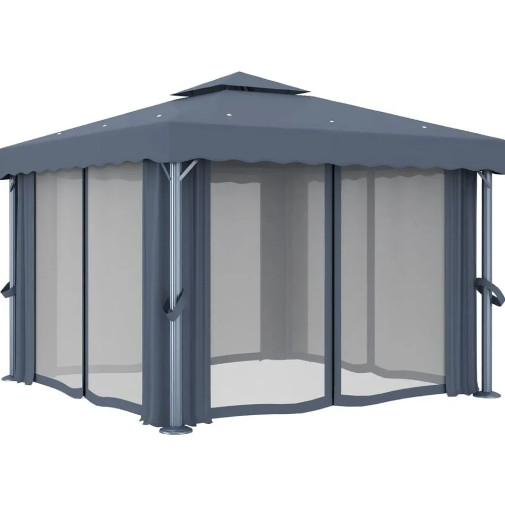 vidaXL Jardín-Cenador con cortina y tira de luces aluminio 3x3 m