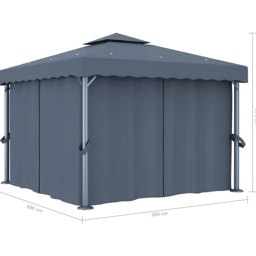 vidaXL Jardín-Cenador con cortina y tira de luces aluminio 3x3 m