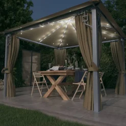 vidaXL Jardín-Cenador con cortina y tira de luz aluminio 300x300 cm