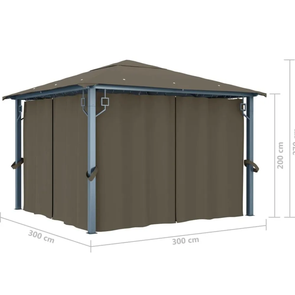 vidaXL Jardín-Cenador con cortina y tira de luz aluminio 300x300 cm