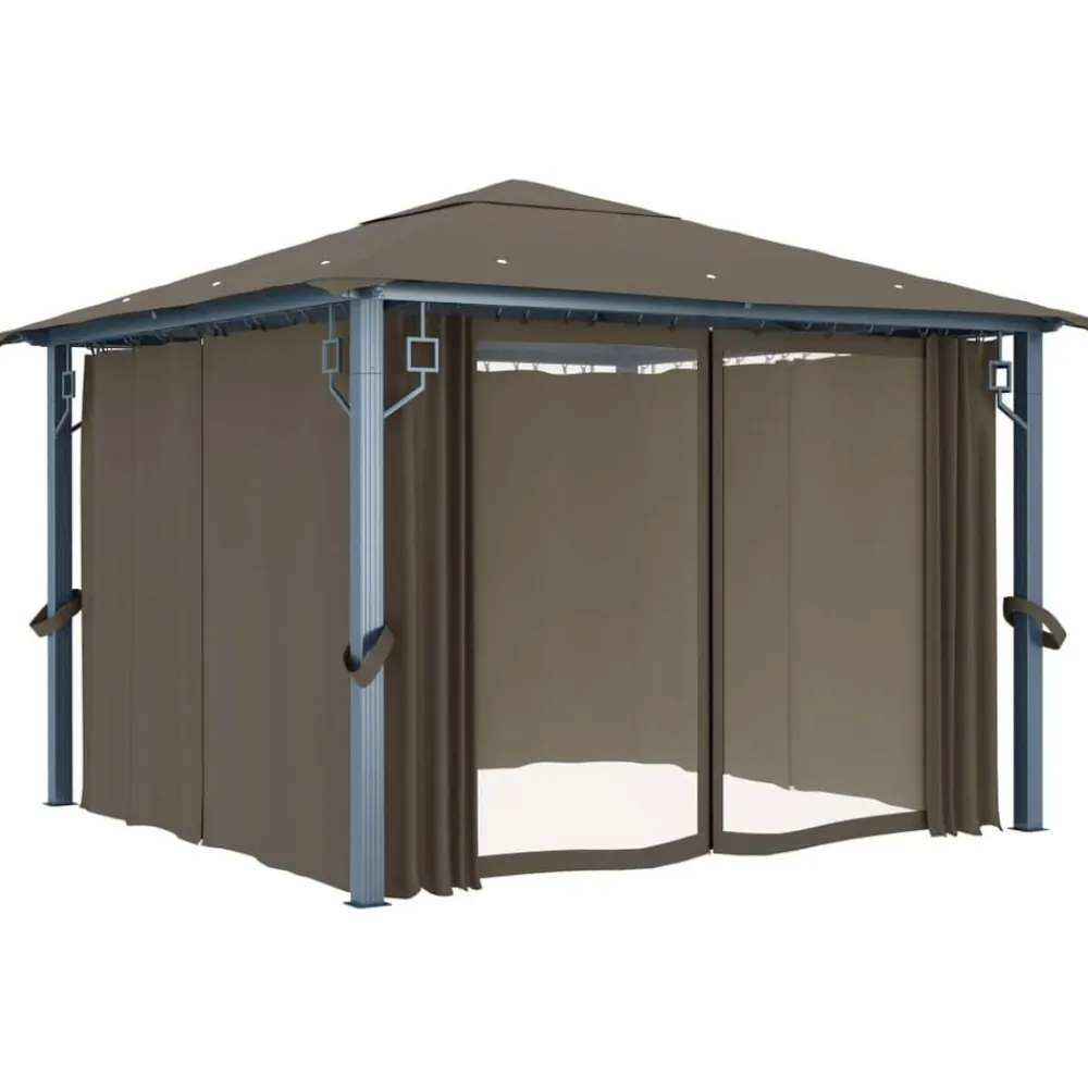 vidaXL Jardín-Cenador con cortina y tira de luz aluminio 300x300 cm