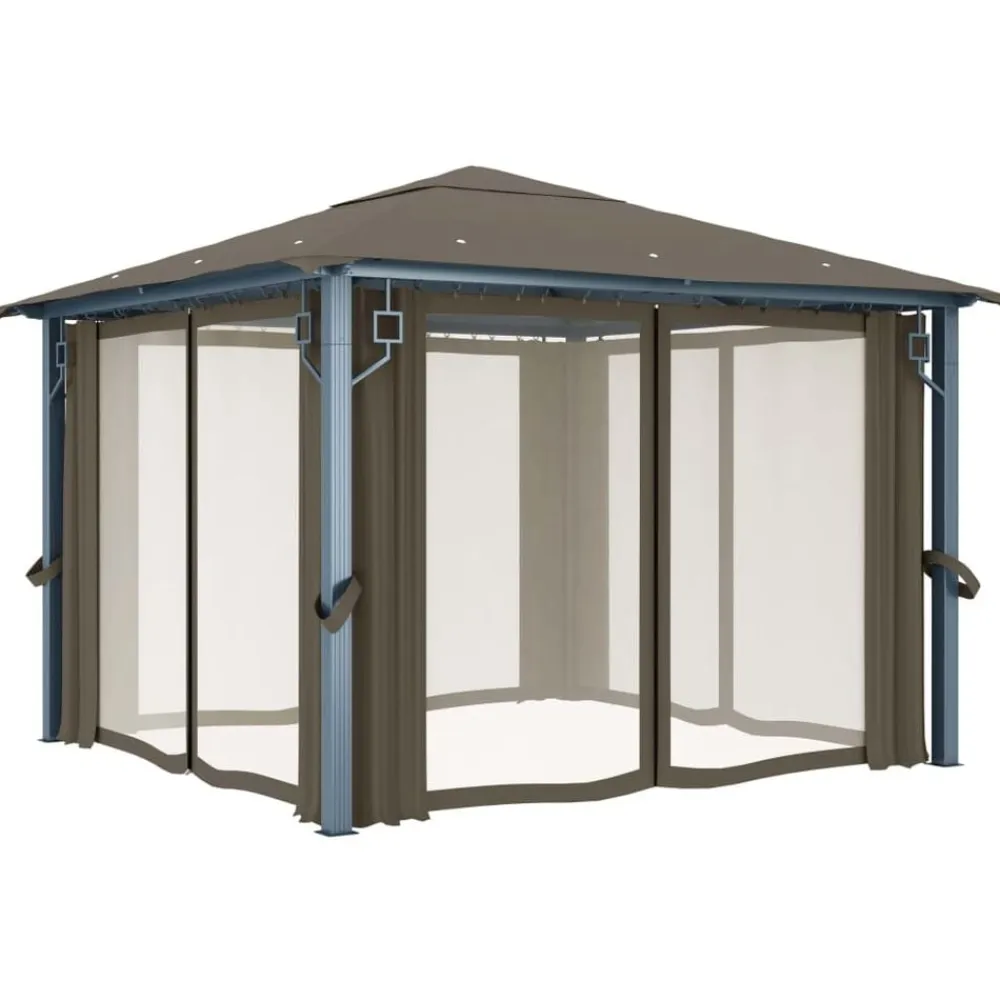 vidaXL Jardín-Cenador con cortina y tira de luz aluminio 300x300 cm