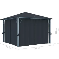 vidaXL Jardín-Cenador con cortina gris aluminio 300x300 cm