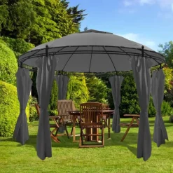 vidaXL Jardín-Cenador con cortinas redondo gris 3,5x2,7 m